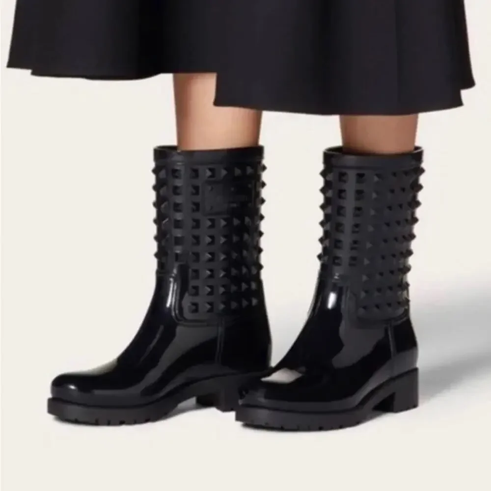 Valentino Rockstud Rainboots‎ Black Mid Calf Rubber Waterproof Sz 37 / 7 Women's